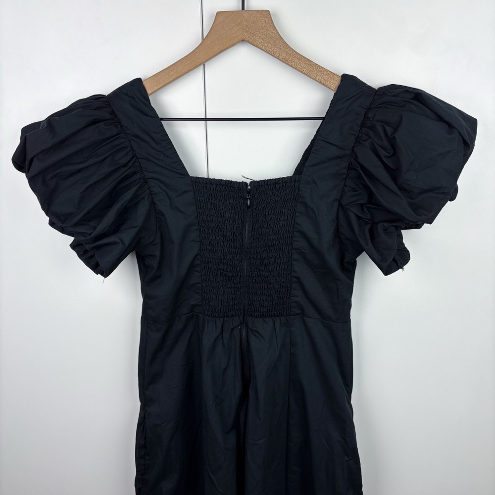 Abercrombie Puff Sleeve Plunge Midi Dress Black V Neck Cotton Blend Poplin Small - Picture 8 of 9